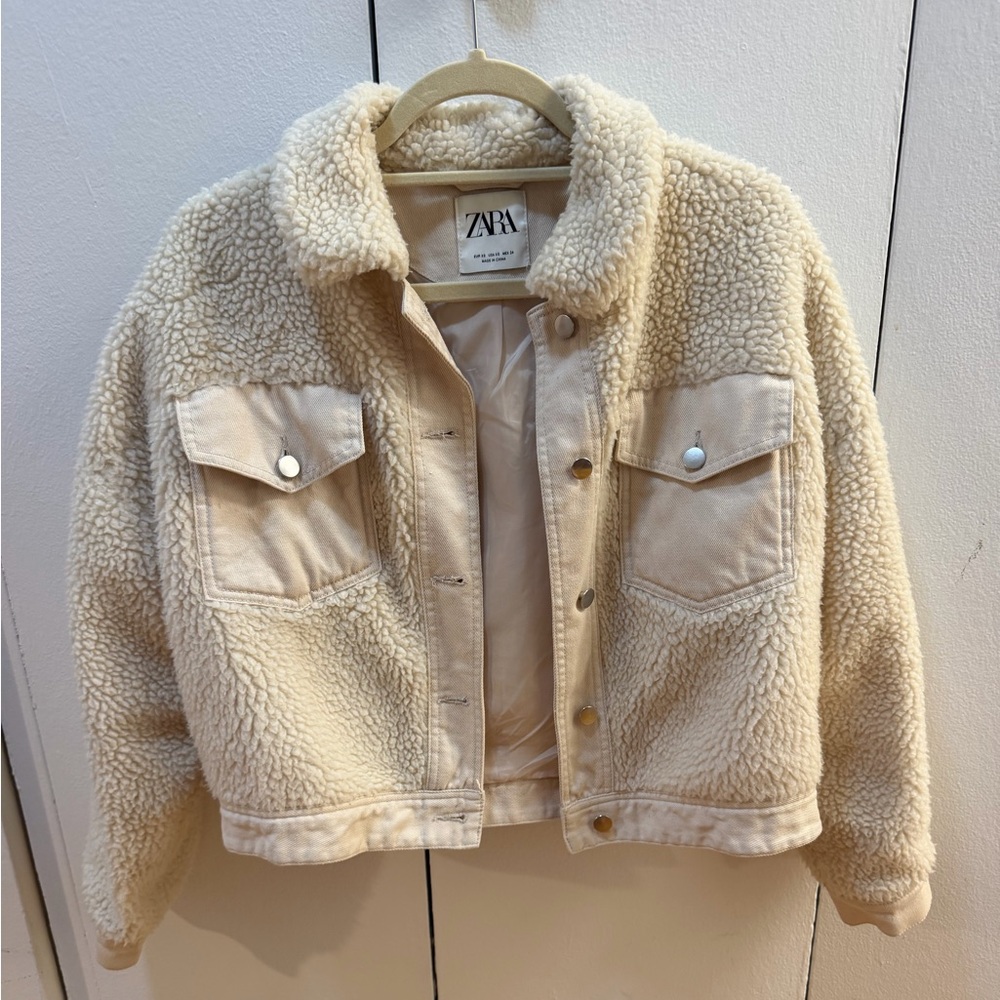 Zara Off-White Teddy Sherpa Jacket with Chest Pockets